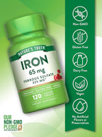 Nature's Truth Iron Supplement | 65mg | 120 Tablets | 325mg Ferrous Sulfate | Non-GMO & Gluten Free Pills
