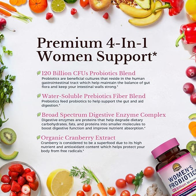 Vitalitown Women's Inner & Outer Beauty Bundle: 120 Billion CFU Probiotics (30 Strains) + Evening Primrose Oil 1300mg, Complete Gut, Vaginal & Skin Health