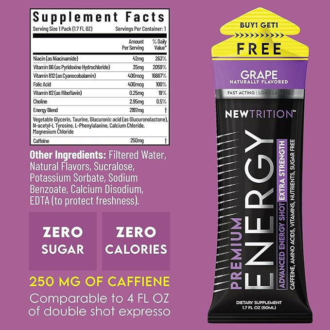 NewTrition® Extra Strength Energy Shots, 1.7 fl oz - 250mg Caffeine with Vitamin B & Amino Acids, Sugar-Free, Zero Calorie Vitamin Energy Drink for Focus & Endurance (Pack of 12, Grape)