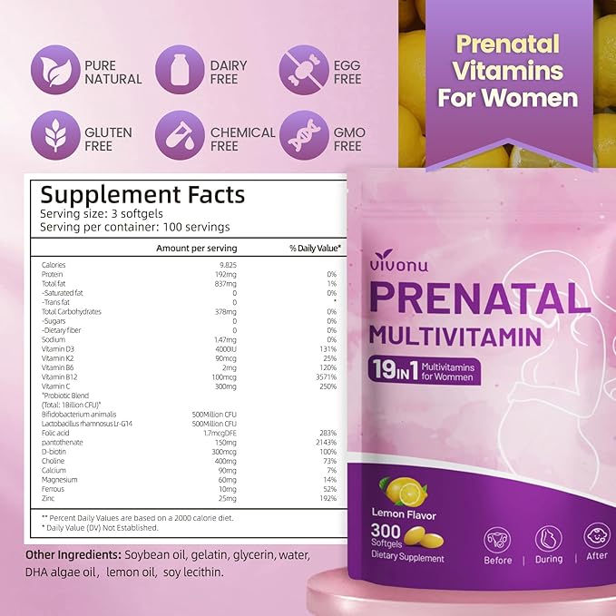 VivoNu 19 in 1 Prenatal Multivitamin, Prenatal Vitamins for Women, Vitamin C D3, K2, B6, B12 with Folic Acid, DHA, Choline, Probiotic, Iron, Calcium, Zinc & Magnesium, Lemon Flavor, 300 Softgels