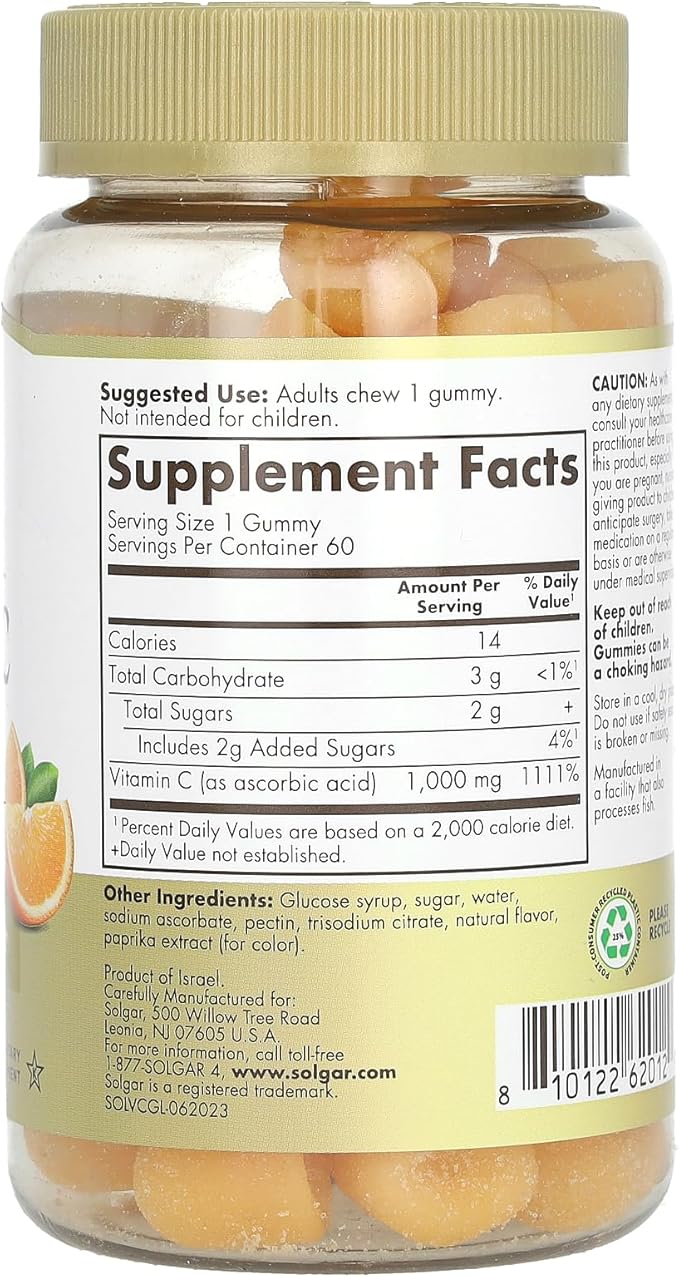 Solgar Vitamin C Gummies for Adults 1,000mg Ultra Potency Vitamin C Immune System Support for Women & Men - Tasty Tart Orange Flavor, Vegan & Gluten-Free Gummy, 2 Month Supply, 60 Servings, 2g Sugar