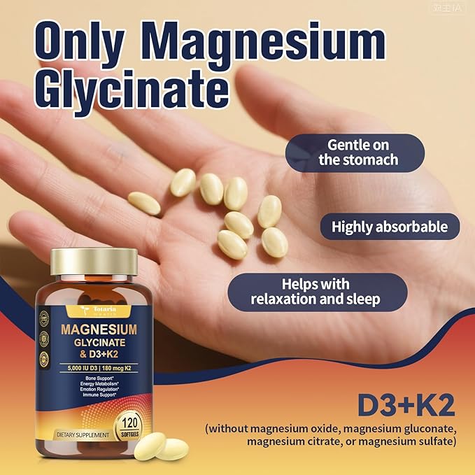 9-in-1 Magnesium Glycinate 500mg + Vitamin D3 5000 IU & K2 Complex - High Absorption - Healthy Stress, Sleep, Muscle Function, Bone Health & Energy Supports | Non-GMO, Gluten-Free 120 Softgels