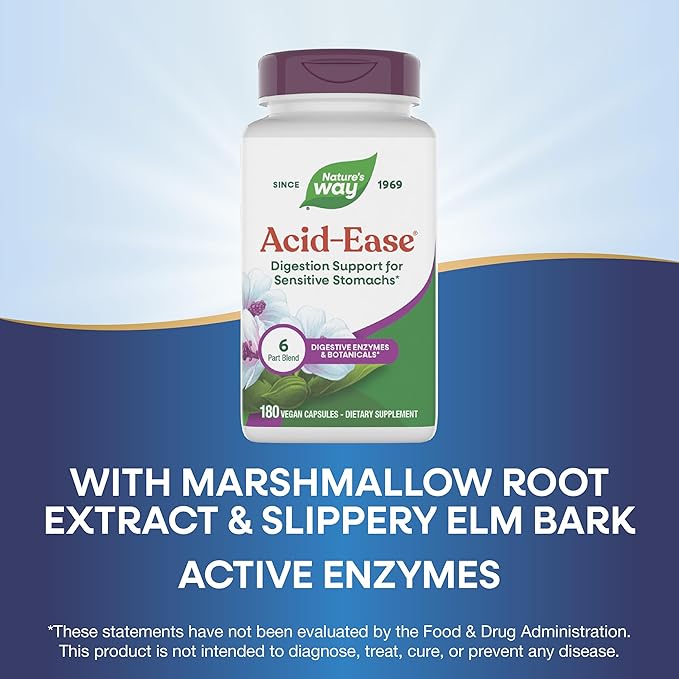 Nature's Way Acid Ease, Digestive Support Supplement for Sensitive Stomachs*, Marshmallow Root Extract, Slippery Elm Bark, Digestive Enzymes, 180 Vegan Capsules (Packaging May Vary)