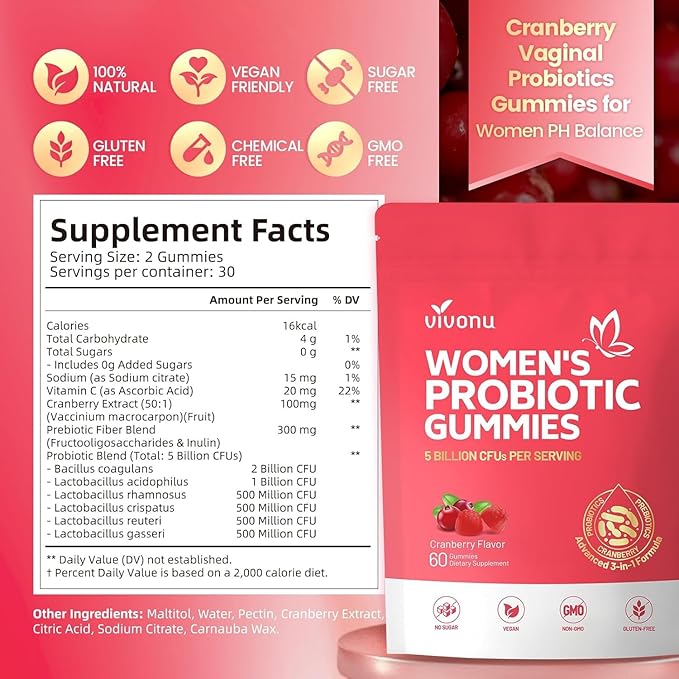 Viginal Probiotic for Women, Women Probiotic Gummies, Feminine Balance Gummies, Probiotics for Woman Vaginigal Health, Yeast Ph Balance