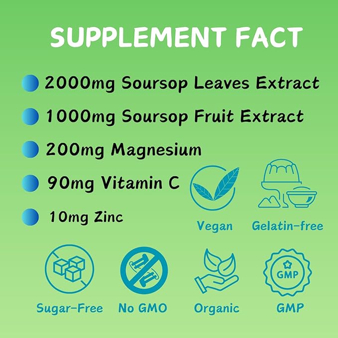 Soursop Graviola Gummies | 2000mg Soursop Leaves Extract for Digestive, Cell Support, Immune Support and Antioxidant | High-Absorption | Soursop Fruit for Adults | Non-GMO, Vegan, 120 Gummies