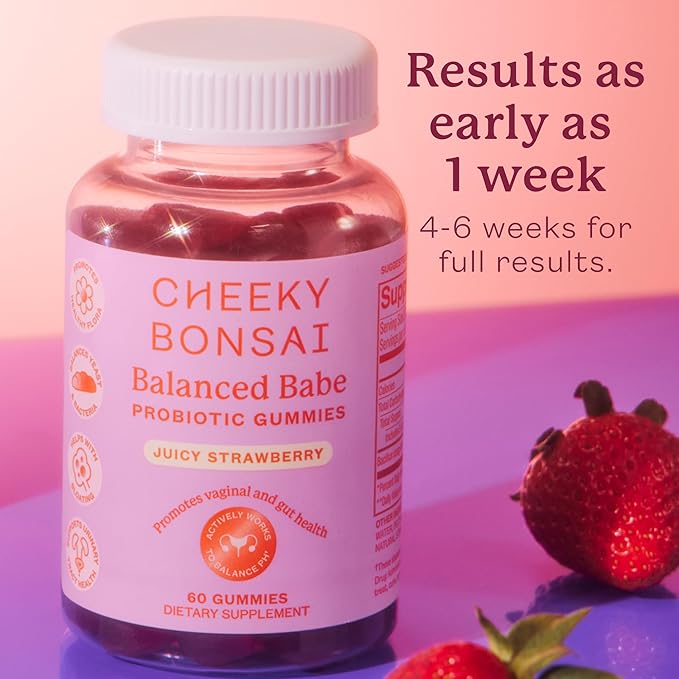 Cheeky Bonsai, Vaginal Probiotic Gummies for Women - Balanced pH, Healthy Odor, and Flora Support - 5 Billion CFUs - Juicy Strawberry Flavor, 60 Count