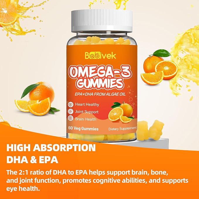 Omega-3 Gummies Vegan 1200mg, EPA and DHA Omega-3 Fatty Acids with Folate, Vitamin A, Vitamins C & E, High Potency Omega 3 Supplements for Immune Support, 60 Count