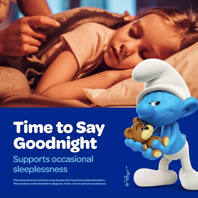 The Smurfs Gummies for Kids with Chamomile & Lemon Balm for a Restful Sleep Age 3+ | Non-Habit Forming | Made with Real Fruit in a Smurf Berry | Doctor Developed | 100 Gummies (100 Count, Melato)