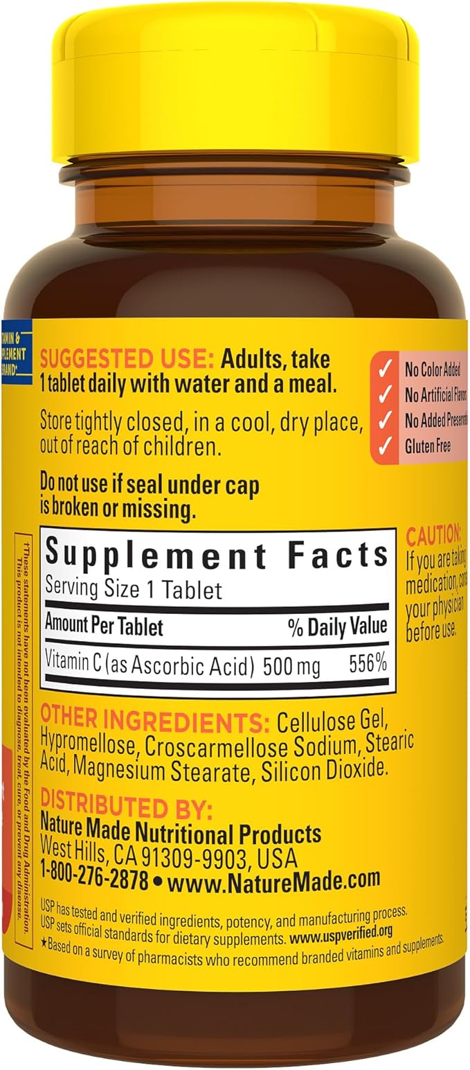 Nature Made Vitamin C 500 mg Tablets, Dietary Supplement, Vitamin C for Immune Support, 100 Tablets, 100 Day Supply