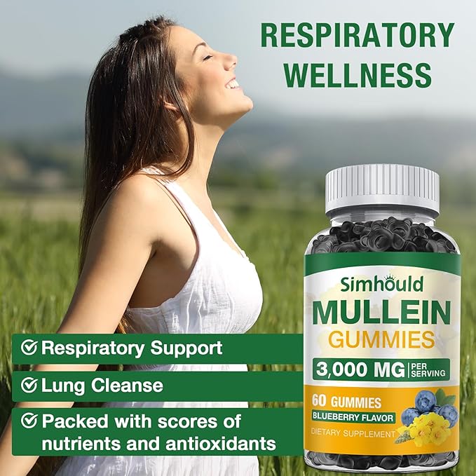 Simhould 1 Pack Sugar Free 3000MG Mullein Gummies - Lung Cleanse, Mullein Leaf Extract Supplement for Respiratory, Organic Mullein Drops with Quercetin & Bromelain for Lung, Digestive Health & Immune
