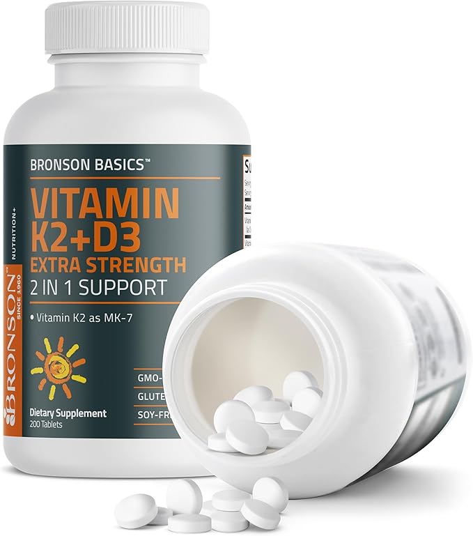 Bronson Vitamin K2 (MK7) with D3 Supplement Extra Strength 2 in 1 Support, 10,000 IU Vitamin D3 & 120 mcg K2 MK-7, 200 Tablets