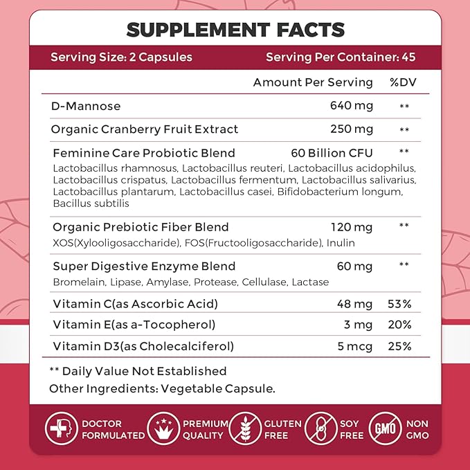 ZEBORA Urinary Tract Health for Women - Vaginal Probiotics for Women Digestive Health and pH Balance - D Mannose Supplements with Cranberry to Cleanse Urinary Tract & Bladder - 90 Capsules