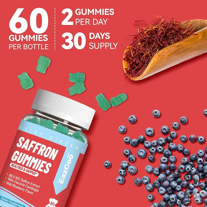 Saffron Supplements Gummies, Saffron Extract for Positive Mood & Calm Nerve, Boost Energy, with Garcinia Cambogia, Vitamin A, B12, Rhodiola Rosea - 120 Gummies