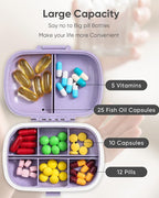 Holii Travel Pill Organizer, 8 Compartments Portable Pill Case, Daily Pill Box to Hold Vitamins, Small Pill Container for Pocket Purse Medicine Organizer（Purple）