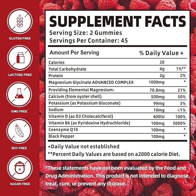 Magnesium Glycinate Gummies 1000mg with Magnesium L - Threonate,Chelated Magnesium Potassium Complex Supplement with VitD, B6, CoQ10, Calcium,Supports for Memory, Calm, Mood - 90 Gummies