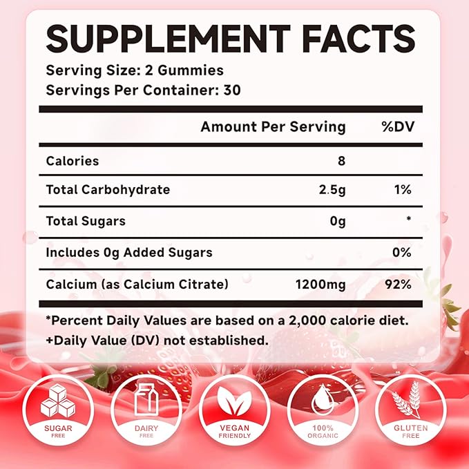 Calcium Citrate Gummies 1200mg - Chewable Calcium Supplement for Women & Men, Supports Bone & Muscle Health, Vegan, Strawberry Flavor, 60 Count