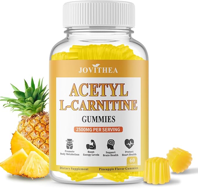 Acetyl L-Carnitine Gummies Sugar Free, Premium L-Carnitine Supplement for Women & Men, ALCAR Supplement for Energy, Muscle, Focus & Brain Support, Gluten-Free, Non-GMO, Vegan, Pineapple Flavor, 60 Ct