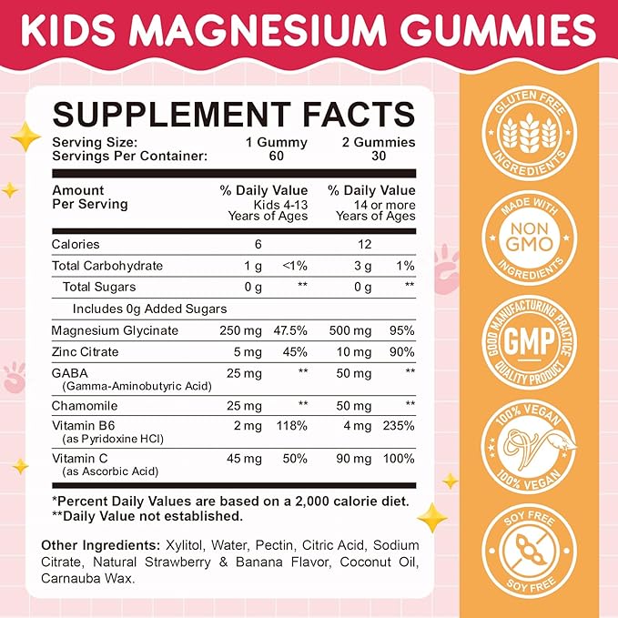 Magnesium Glycinate Gummies for Kids: Calm Magnesium Supplement for Kids & Adults with Zinc Citrate, GABA, Chamomile, Vitamin B6 & C - Sleep, Relaxation & Focus, Strawberry & Banana Flavor 120ct