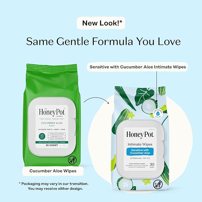 The Honey Pot Company - Feminine Wipes - Daily PH Balancing, Fragrance & Sulfate Free Wipes for Intimate Parts, Body, or Face - Hygiene Products - Sensitive w/Cucumber Aloe 30 ct.