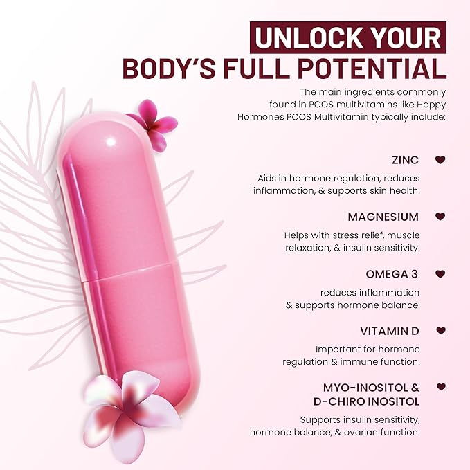 PCOS Multivitamin for Women – Happy Hormones Formula – Myo & D-Chiro Inositol 40:1, Omega-3, Vitamin D3, Zinc & Magnesium – 120 Vegan Capsules