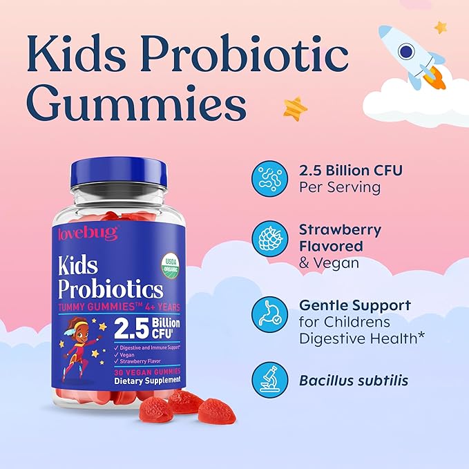 LOVEBUG Kids Probiotic Gummies – Organic Chewable Probiotics for Kids Aged 4+, Soil-Based Children’s Probiotic for Gut Health, Constipation, Digestive & Immune Support, Vegan, 30 Chews, Strawberry