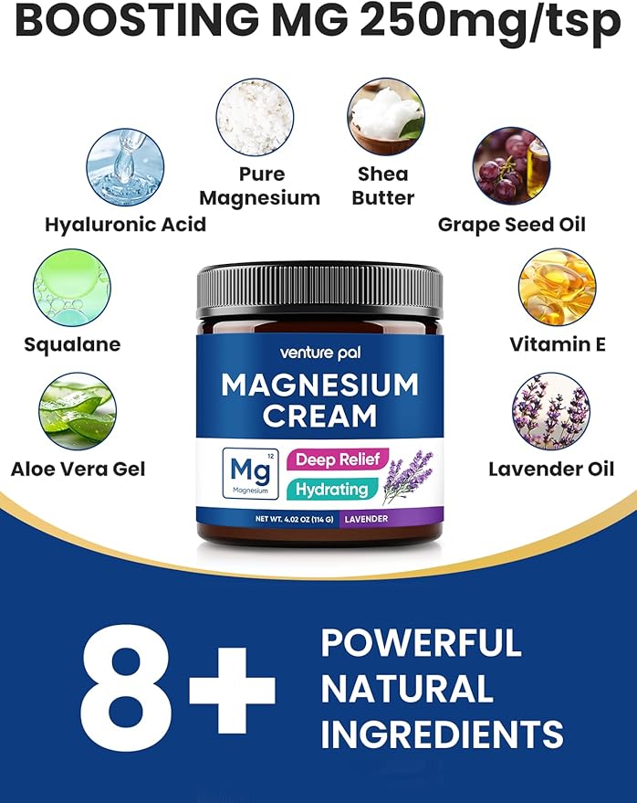 Venture Pal Topical Magnesium Cream, Fast-Absorbing Magnesium Moisturizing Lotion with Coconut Oil, Shea Butter & Hyaluronic Acid, Suitable for Kids