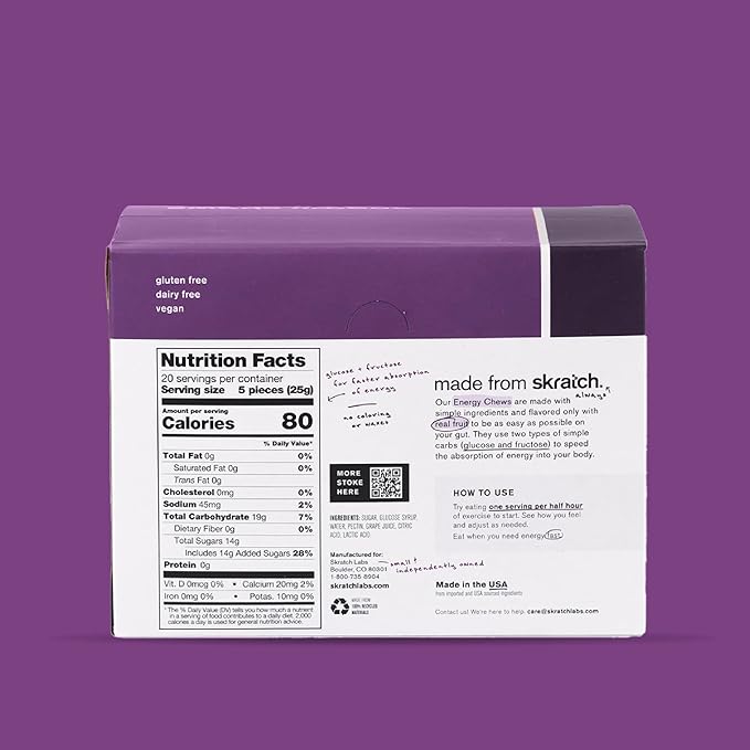 Skratch Labs Energy Chews | Gummies for Running, Cycling & Endurance Quick Carbs for Athletes, Easy to Digest, Real Fruit | Gel Alternative for Long Runs & Rides | Grape 10 Pack | Gluten Free, Vegan