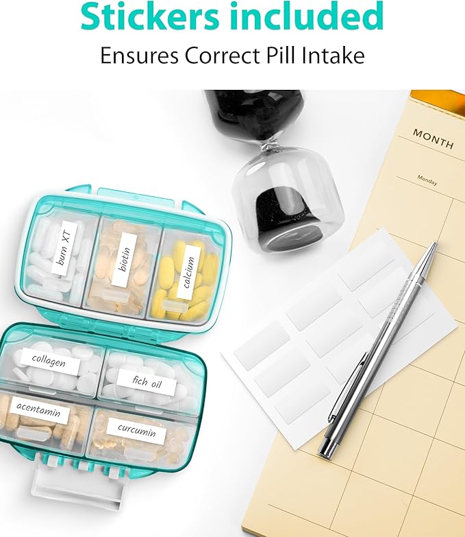 Travel Pill Organizer – Compact Medicine Kit for Purse, Portable Pharmacy Pill Box with Labels, Moisture-Proof Vitamin & Supplement Holder with 7 Secure Compartments for Home & Travel