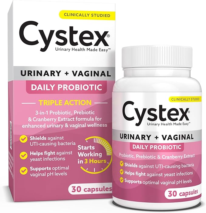 Cystex 3-in-1 Urinary Tract Probiotic for Women - Fast-Acting UTI & Yeast Infection Support with Prebiotics, Probiotics, & Cranberry - Supports Vaginal pH & Flora Balance - 30 Capsules