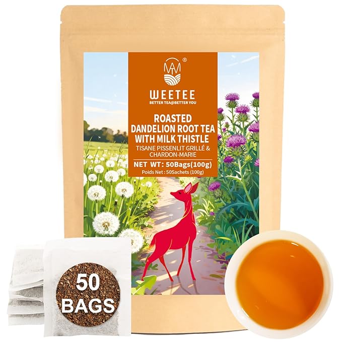WT WEETEE Roasted Dandelion Root Tea with Milk Thistle, 50 Count Caffeine Free Herbal Tea Bags for Liver Cleanse, Naturally Roasted, Coffee-Like Flavor – Detox Herbal Blend