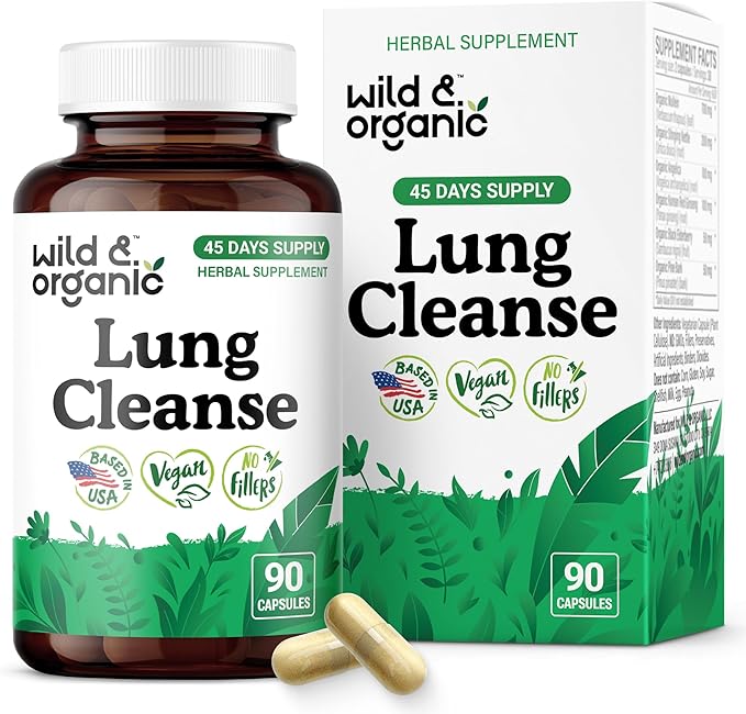 Wild & Organic Lung Cleanse Capsules - Lung Support Supplement with Mullein Leaf, Stinging Nettle, Angelica & Korean Panax Ginseng Powder - Vegan, No Fillers, Non-GMO - 90 Count