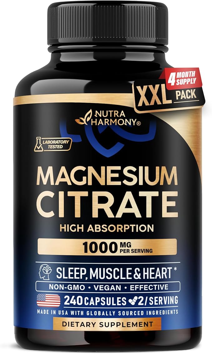 Magnesium Citrate Capsules 1000mg | High Absorption Supplement - Sleep, Muscle & Heart Support - Vegan | Non-GMO - Made in USA - As Powder | Pills | Tablets - 240 Capsules, 4 Month Supply