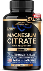 Magnesium Citrate Capsules 1000mg | High Absorption Supplement - Sleep, Muscle & Heart Support - Vegan | Non-GMO - Made in USA - As Powder | Pills | Tablets - 240 Capsules, 4 Month Supply