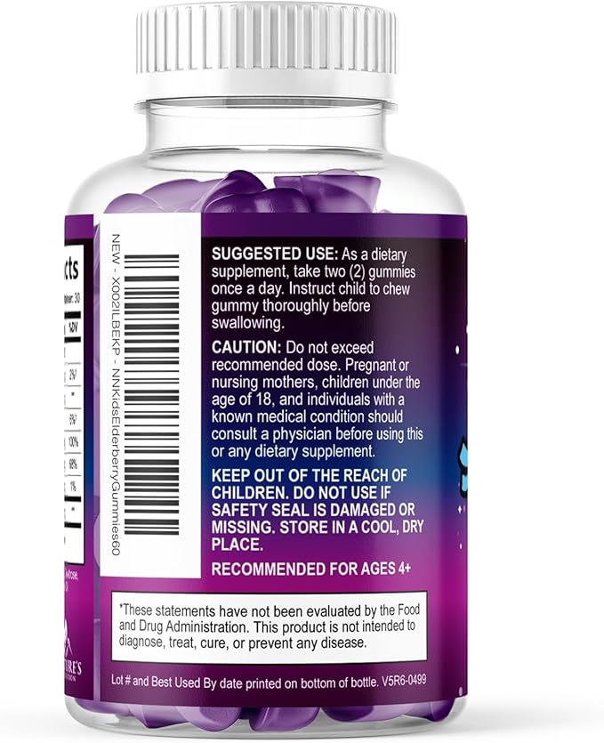 Kids Immune Support Elderberry Gummies - Daily Children's Vitamins C, Zinc & Kids Support Gummy - Nature's Sambucus Elderberry Supplement, Vegan, Gluten-Free, Tasty Berry Flavor - 60 Gummies