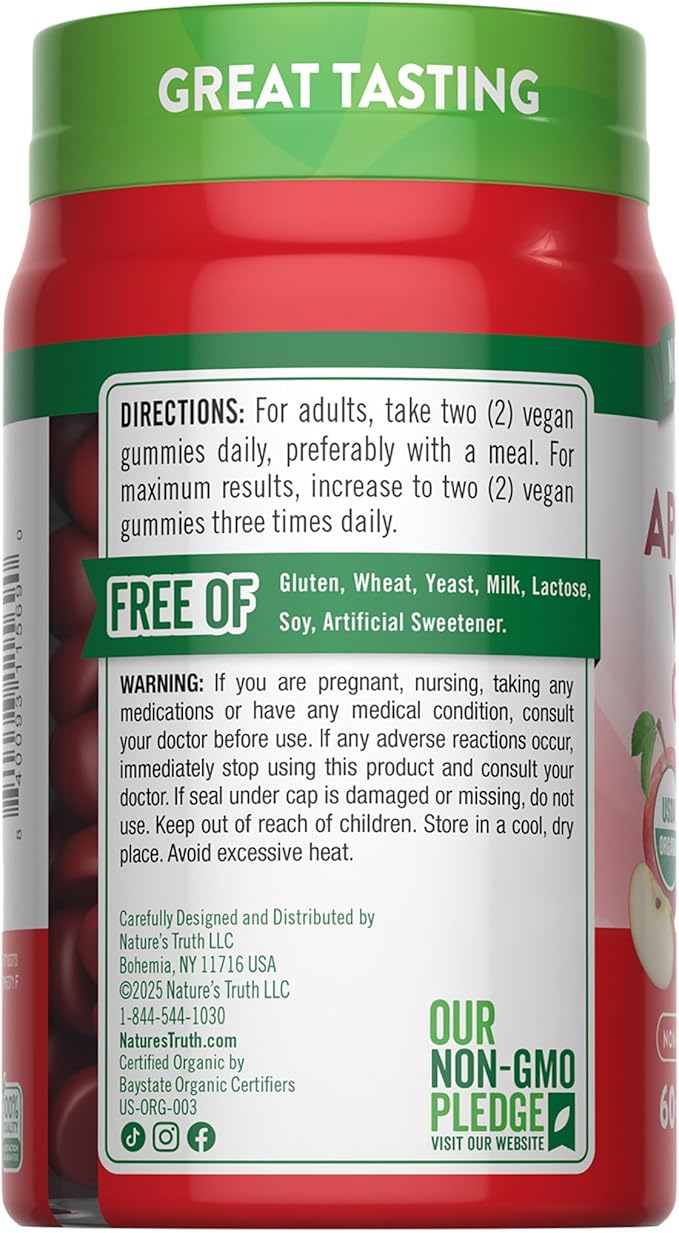 Nature's Truth Organic Apple Cider Vinegar Gummies | 60 Count | Vegan, Gluten Free & Non-GMO Supplement | USDA Organic | Apple Flavor