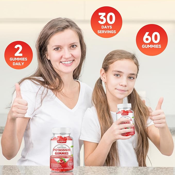 softbear Potassium Gummies for Adults, Sugar Free Potassium Chloride Gummies 1200mg Support Leg Cramps & Electrolyte Balance High Potency Potassium Supplement, Strawberry Flavor 120 Count