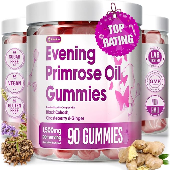 FloraBliss 90 Evening Primrose Oil Gummies | 1500mg | with Black Cohosh, Chasteberry, Ginger Extract for Daily Women's Wellness Support | Vegan, Non-GMO, Sugar-Free