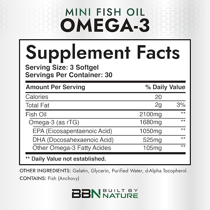 Built by Nature Omega 3 Mini Fish Oil – Re-esterified Triglyceride Form (rTG) – High Omega-3 1680mg, EPA and DHA - Small & Easier to Swallow – 90 Softgels