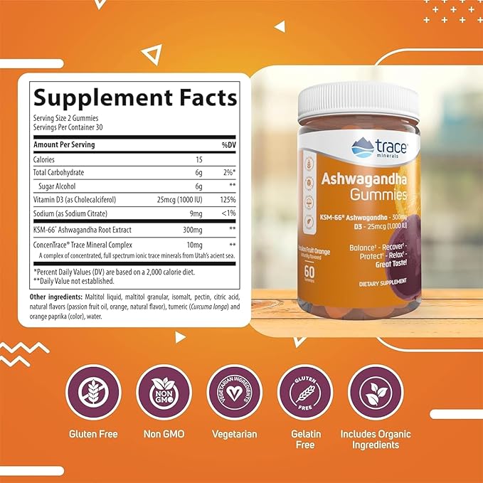 Trace Minerals Ashwagandha - Ashwagandha Gummies for Supporting A Healthy Mindset - Calming Supplement - Better Sleep - Immune System & Energy Support - Passion Fruit Orange - 60 Count (30 Servings)