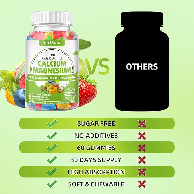 softbear Calcium Magnesium Zinc Gummies for Adult & Kids, Suagr-Free Calcium Magnesium Zinc Vitamin D3 Supplement for Bone Strength & Immune Health, Mixed Fruit Flavor 120 Count