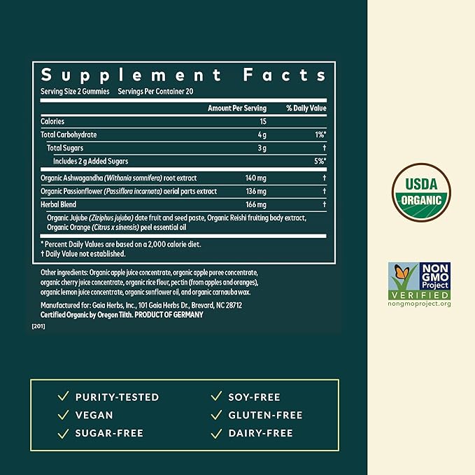 Gaia Herbs Sleep Gummies - Sleep Support*- Ashwagandha, Reishi Mushroom & Passionflower - USDA Certified Organic, Non-GMO Project Verified, Gluten Free - Cherry Orange - 40 Vegan Gummies (20 Servings)