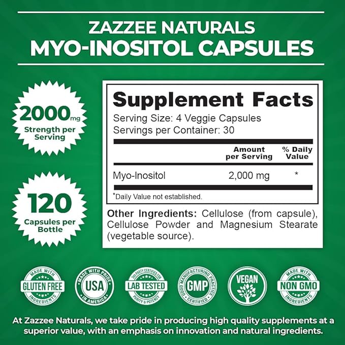 Zazzee 40:1 Ratio Myo and D-Chiro Inositol Supplement for Women | Myo Inositol Capsules Plus D-Chiro for Cycle Regulation Ovarian Support & Overall Hormone Balance for Women - Vegan & ISO Lab Tested