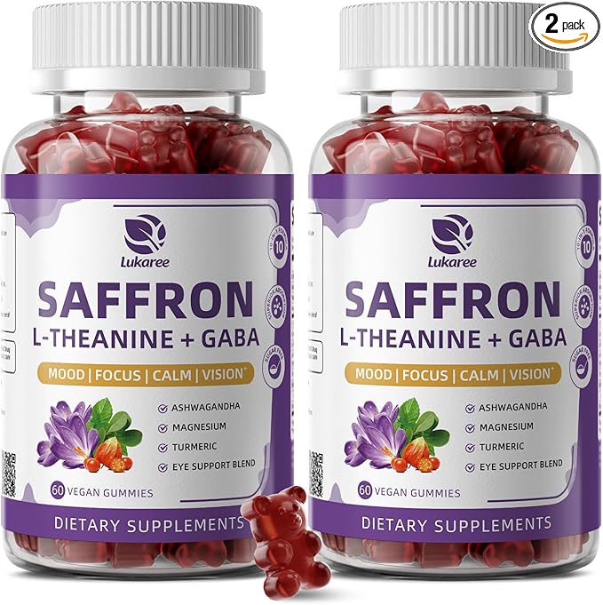 Lukaree 10-in-1 Saffron Gummies Supplements for Mood, Focus & Eye Support with L-Theanine 200mg, GABA, Ashwagandha, Lutein, Zeaxanthin & Astaxanthin, Sugar Free, Vegan, Berry Flavor, 2 Pack 120 Count