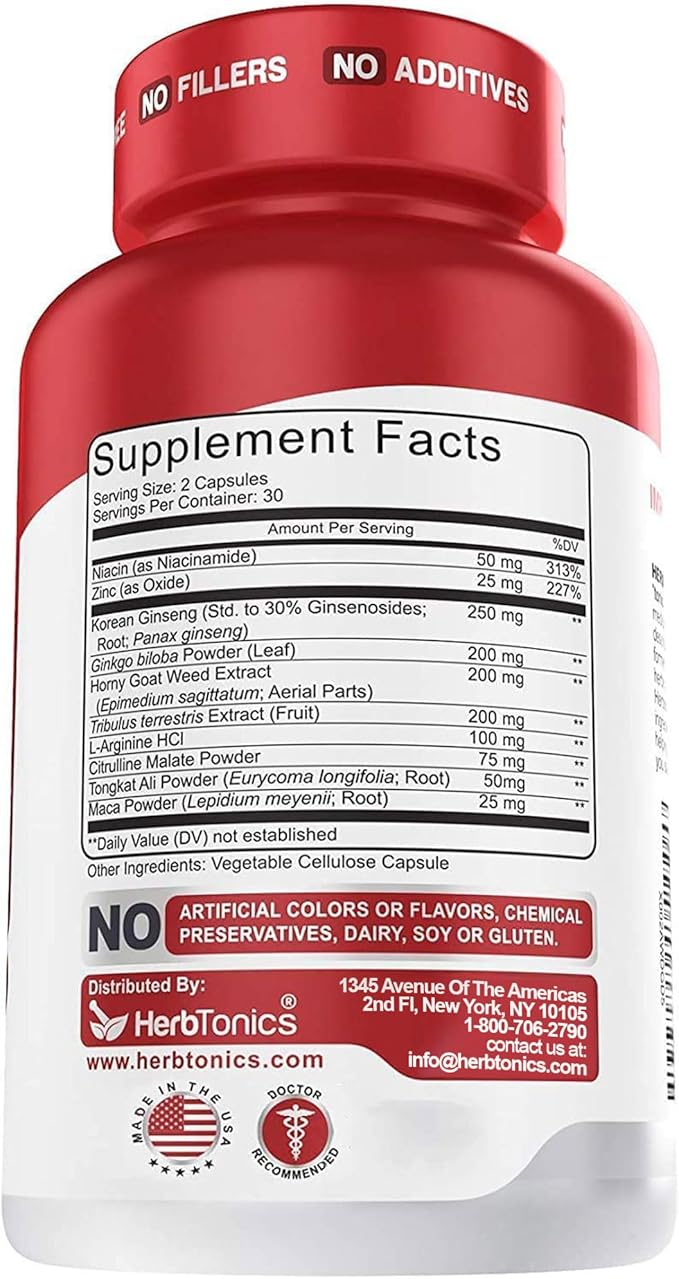 Herbtonics Testosterone Support Supplement for Men - Korean Panax Ginseng & Tribulus Terrestris - Supports Healthy Energy, Strength & Stamina - 60 Vegan Capsules