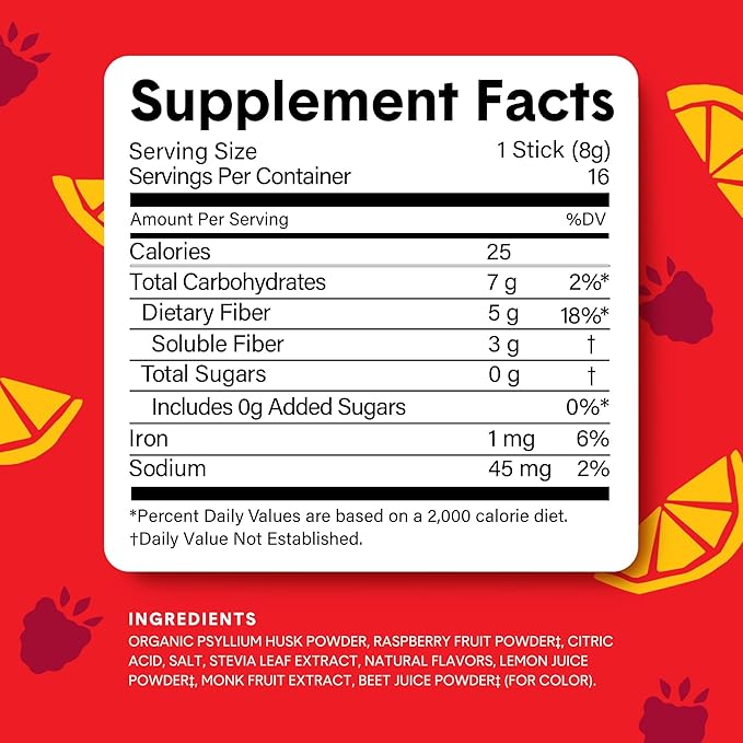 Bellway Super Fiber Packets + Fruit, Sugar Free Organic Psyllium Husk Powder Fiber Supplement to Go for Regularity, Bloating Relief & Digestive Health, Plant-Based, Raspberry Lemon (20 Packets)