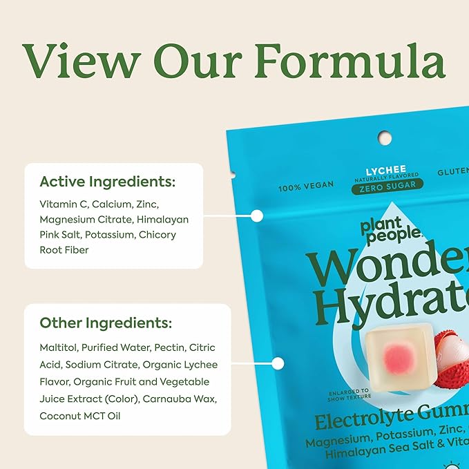 Plant People WonderHydrate Electrolyte Gummies – Vegan Hydration Supplement with Magnesium, Potassium, Zinc, Vitamin C & Himalayan Sea Salt – Zero Sugar Lychee (42 Count)