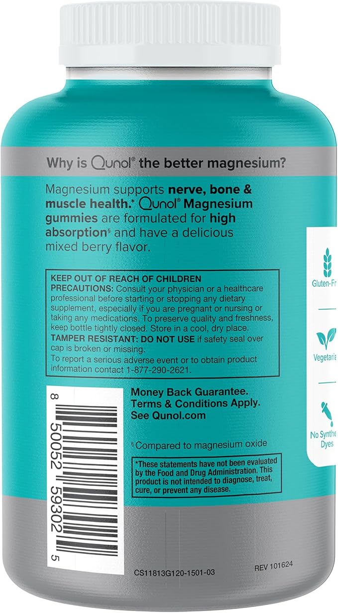 Qunol Magnesium Gummies for Adults, 200mg Elemental Magnesium (from 1,750mg Magnesium Citrate), High Absorption Magnesium Supplement, Supports Nerve, Bone and Muscle Health, Vegetarian, 120 Count