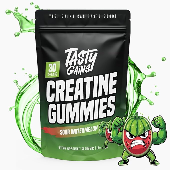 TASTY GAINS Creatine Gummies, 90g of Creatine, Non-GMO, Vegan - Build Muscle & Boost Strength for Men & Women (1g Creatine Monohydrate Per Gummy) Made in USA (90, Sour Watermelon)