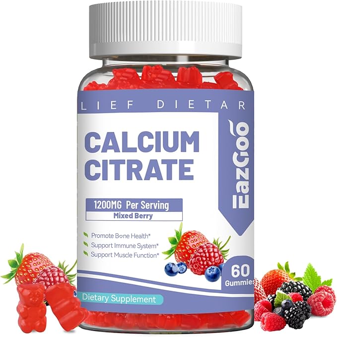 Calcium Citrate Gummies, Chewable 1200mg Calcium Gummies for Women & Men, Calcium Supplement for Muscle & Immune Support, High Absorption, Sugar Free, Mixed Berry Flavor, 60 Count