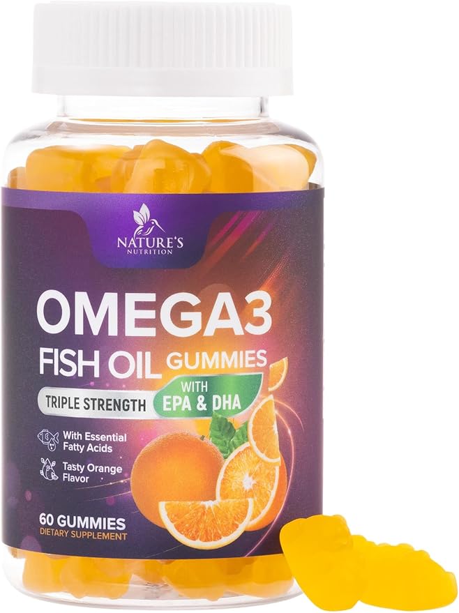 Omega 3 Fish Oil Gummies - 3X Strength Heart Health Support, High Absorption Omega 3 Fish Oil Gummy Supplement with DHA & EPA, Joint & Brain Support for Adults, Delicious Orange Flavor- 60 Gummies